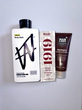 3 PC Men’s Set: W By Jake Paul Body Wash, Wahl 1919 Pomade Man Cave Beard Care